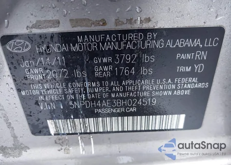 2011 Hyundai Elantra Gls z USA, uszkodzony, nr VIN 5NPDH4AE3BH024519